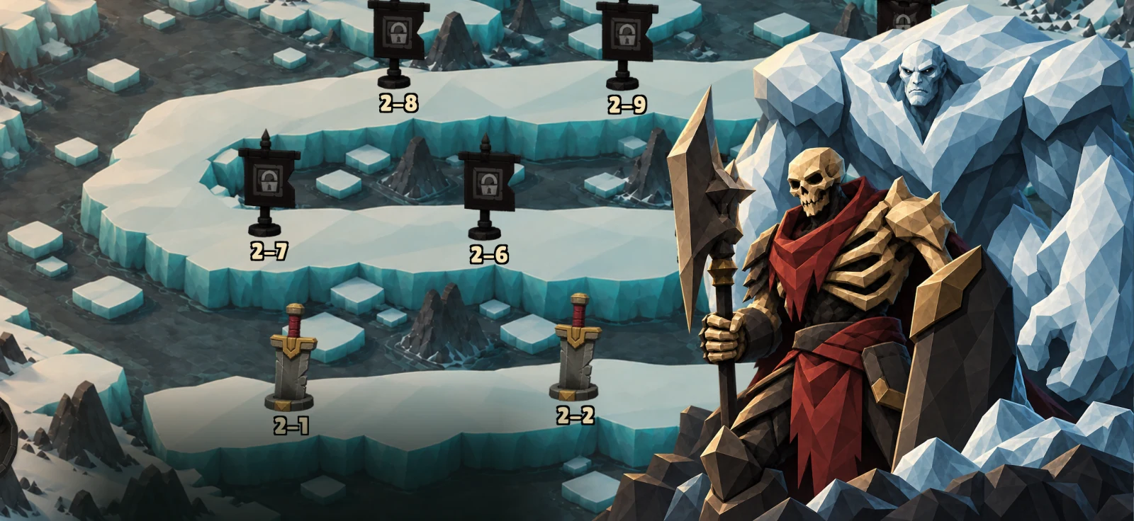A skeletal boss and ice giant beside the frozen Adventure map.