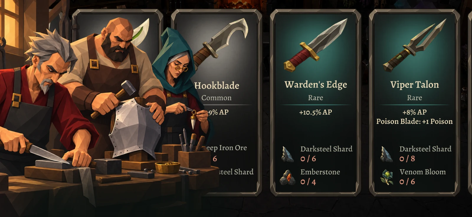 Three artisans at their workbench beside equipment recipes.