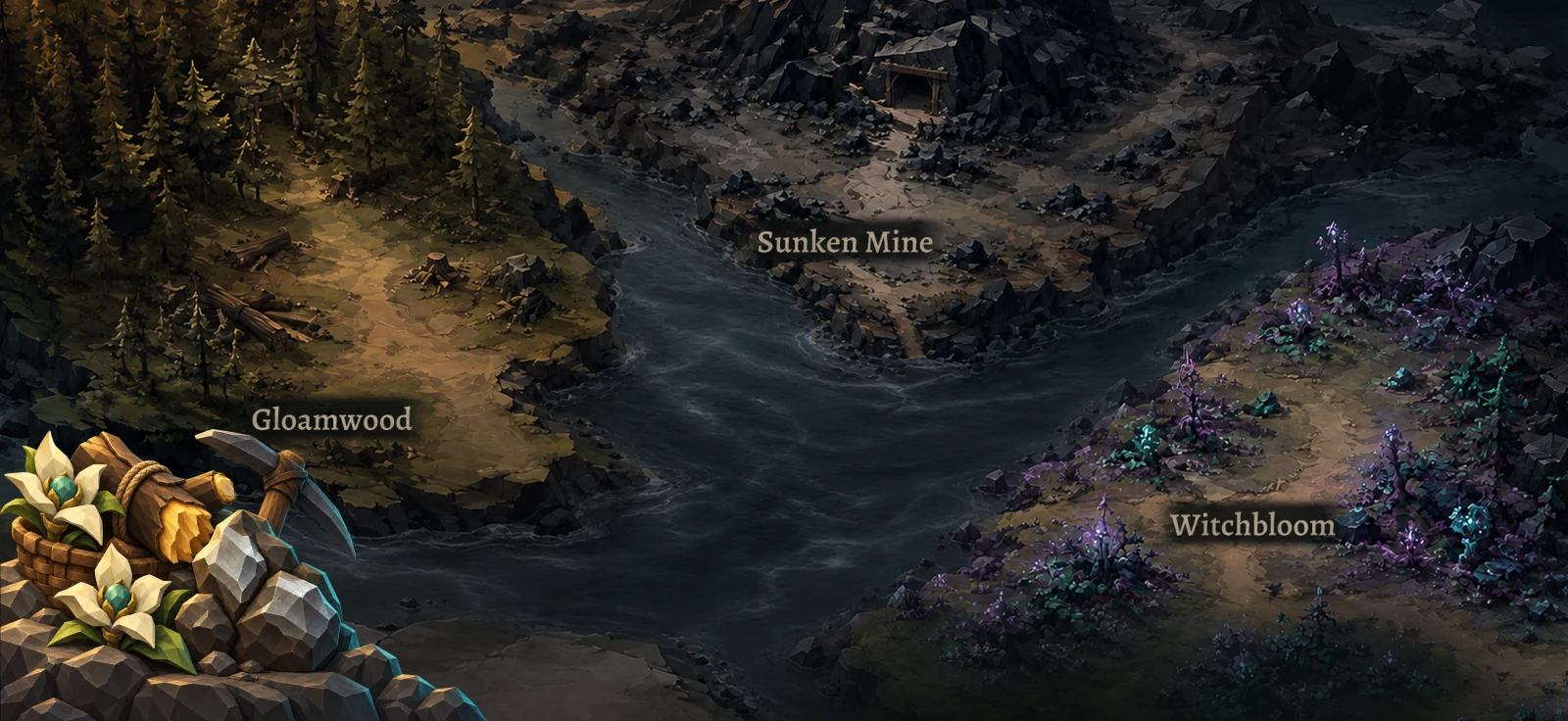 The Gathering map with forest, mine and marsh routes.