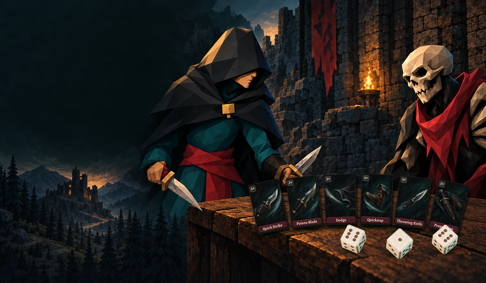 The Rogue and a skeletal enemy in a ruined castle, with Dicebound skill cards and dice on a wooden table.