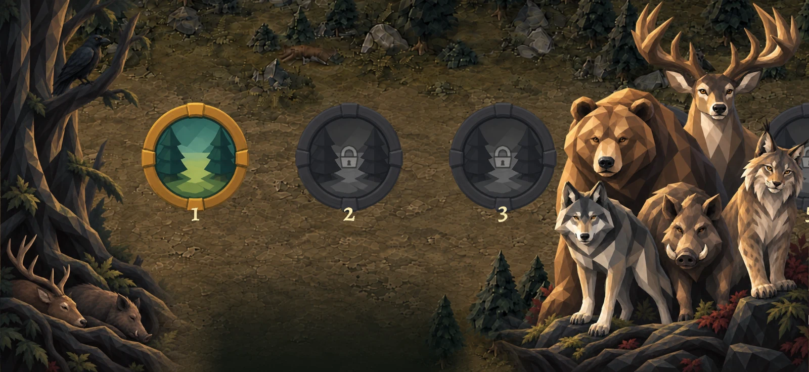 A raven, forest trees and a group of forest animals.