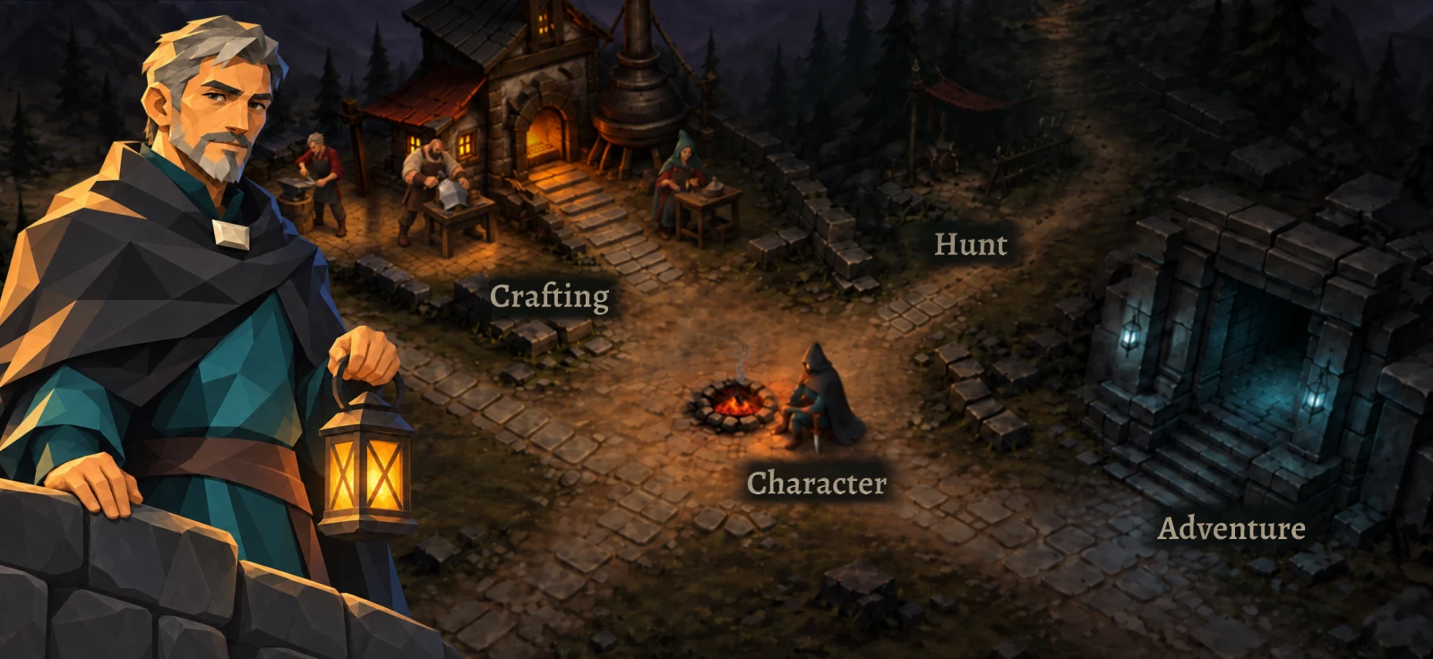 The lantern-bearing mentor beside the Town hub and its workshops.